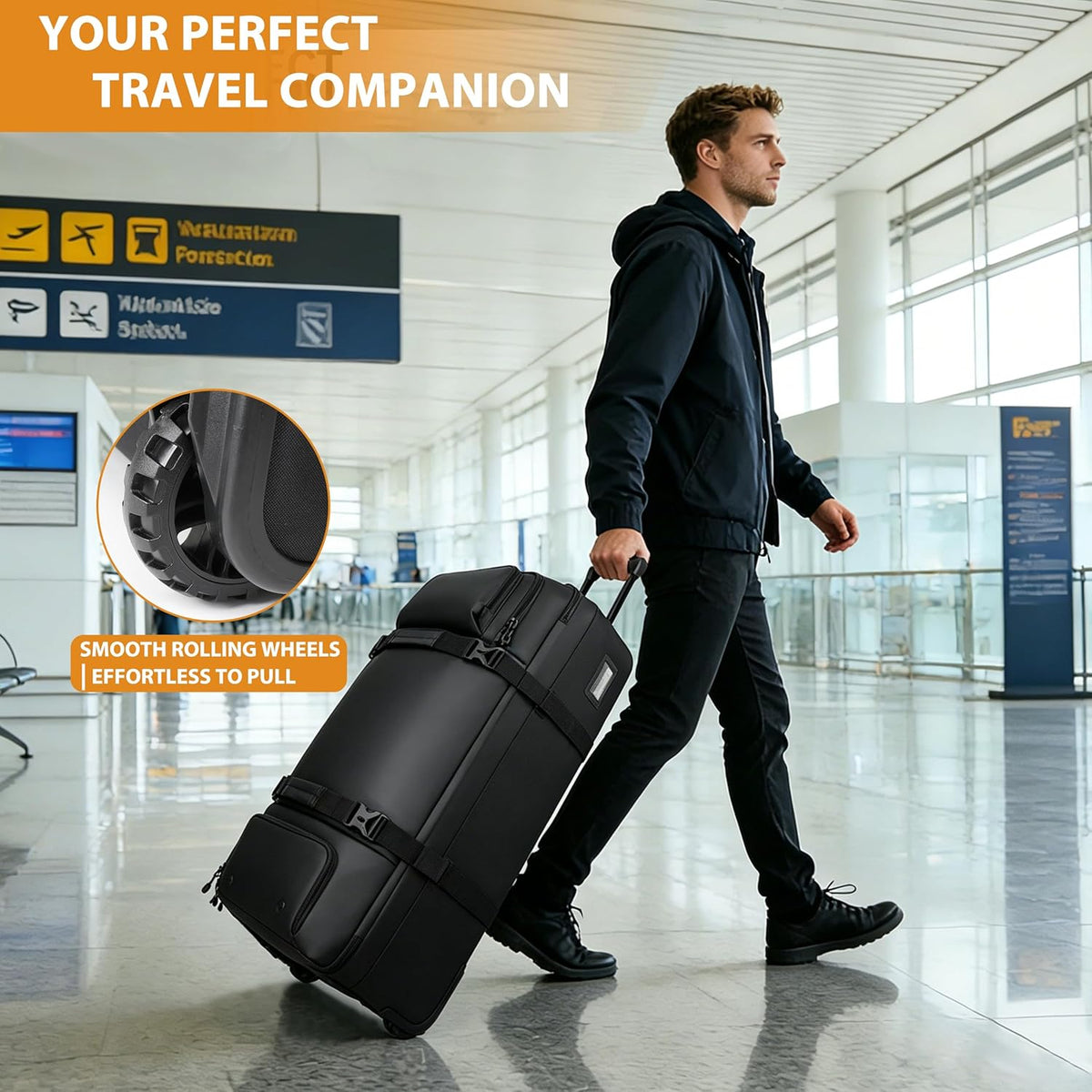 33 Inch 100L Extra Large Rolling Duffle Bag with Wheels, Wet Pocket & Shoe Compartment, Heavy Duty Water Resistant Wheeled Duffel for Moving Travel Camping
