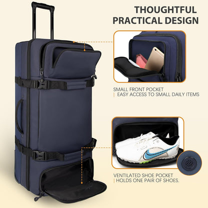 33 Inch 100L Extra Large Rolling Duffle Bag with Wheels, Wet Pocket & Shoe Compartment, Heavy Duty Water Resistant Wheeled Duffel for Moving Travel Camping