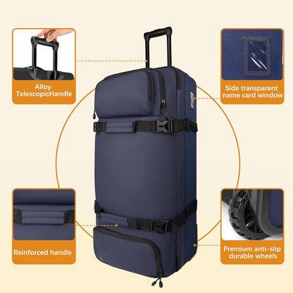 33 Inch 100L Extra Large Rolling Duffle Bag with Wheels, Wet Pocket & Shoe Compartment, Heavy Duty Water Resistant Wheeled Duffel for Moving Travel Camping