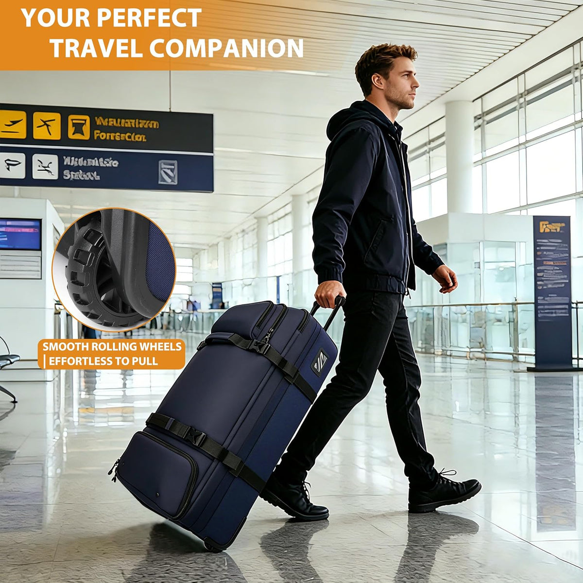 33 Inch 100L Extra Large Rolling Duffle Bag with Wheels, Wet Pocket & Shoe Compartment, Heavy Duty Water Resistant Wheeled Duffel for Moving Travel Camping