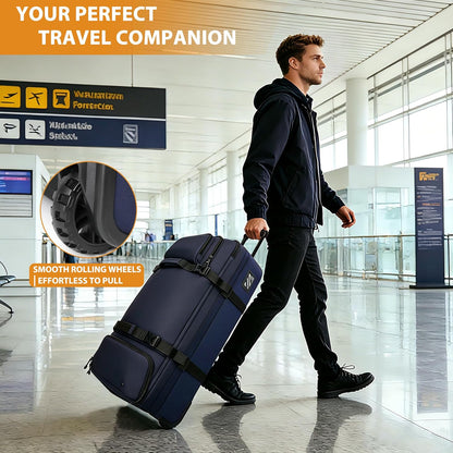 33 Inch 100L Extra Large Rolling Duffle Bag with Wheels, Wet Pocket & Shoe Compartment, Heavy Duty Water Resistant Wheeled Duffel for Moving Travel Camping