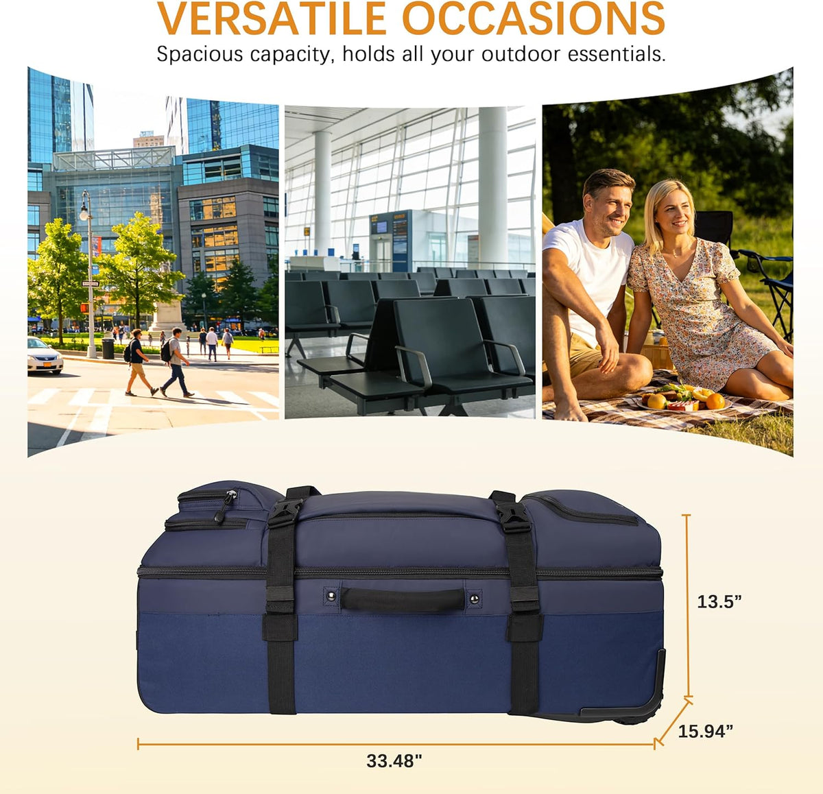 33 Inch 100L Extra Large Rolling Duffle Bag with Wheels, Wet Pocket & Shoe Compartment, Heavy Duty Water Resistant Wheeled Duffel for Moving Travel Camping