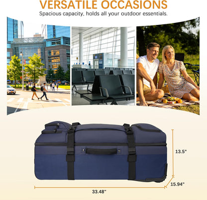 33 Inch 100L Extra Large Rolling Duffle Bag with Wheels, Wet Pocket & Shoe Compartment, Heavy Duty Water Resistant Wheeled Duffel for Moving Travel Camping