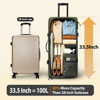 33 Inch 100L Extra Large Rolling Duffle Bag with Wheels, Wet Pocket & Shoe Compartment, Heavy Duty Water Resistant Wheeled Duffel for Moving Travel Camping