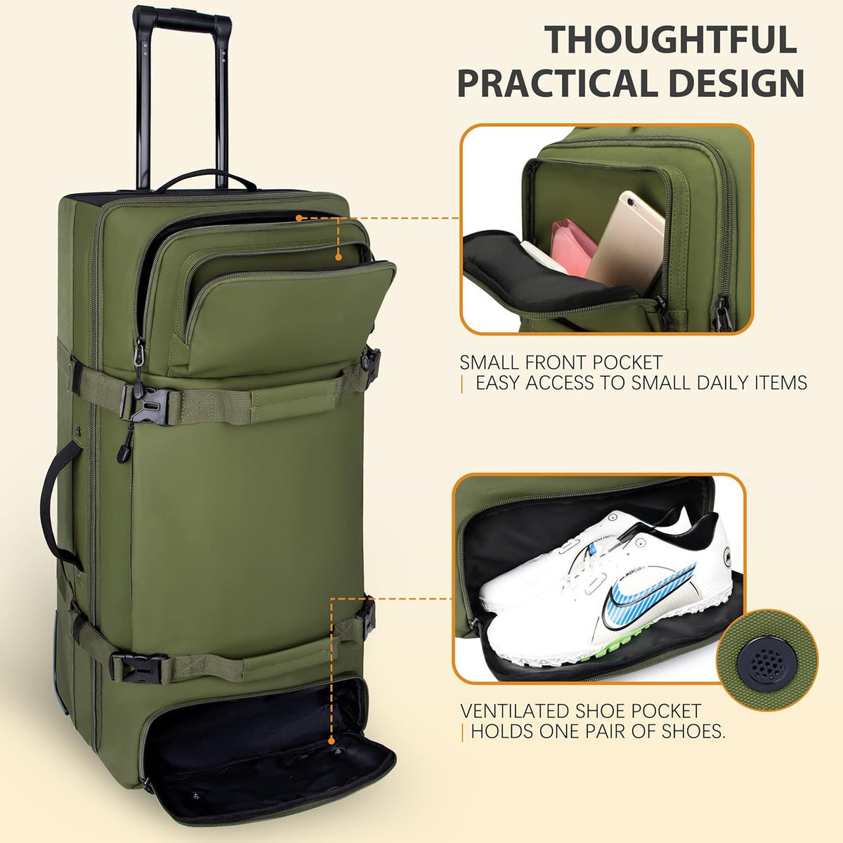 33 Inch 100L Extra Large Rolling Duffle Bag with Wheels, Wet Pocket & Shoe Compartment, Heavy Duty Water Resistant Wheeled Duffel for Moving Travel Camping