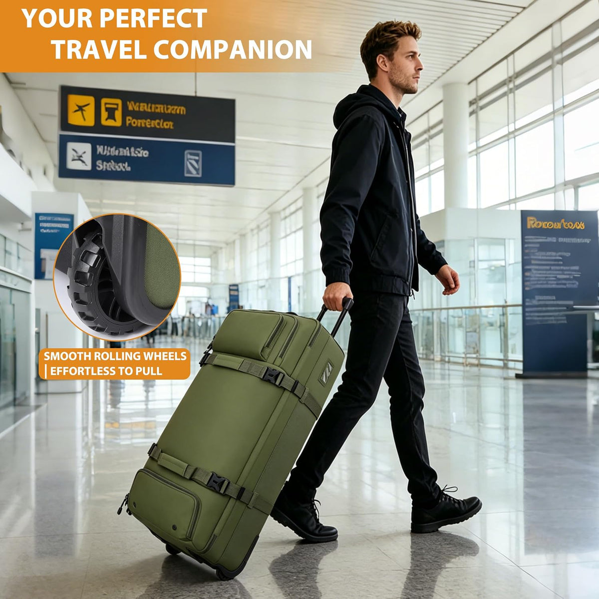 33 Inch 100L Extra Large Rolling Duffle Bag with Wheels, Wet Pocket & Shoe Compartment, Heavy Duty Water Resistant Wheeled Duffel for Moving Travel Camping