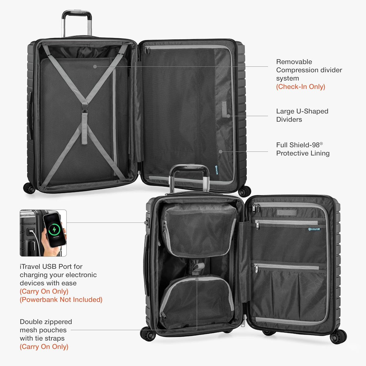 Archer Polycarbonate Hardside Spinner Luggage Set, Tie Down Straps, Purple, Carry-On 21-Inch