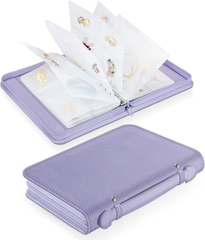 Jewelry Travel Organizer Case, PU Leather Portable Jewelry Storage Book with Transparent Pockets Zipper Bag for Necklaces, Earrings, Bracelets(48 Grids+48 Thicken PVC Bags), Lilac Purple
