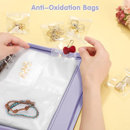 Jewelry Travel Organizer Case, PU Leather Portable Jewelry Storage Book with Transparent Pockets Zipper Bag for Necklaces, Earrings, Bracelets(48 Grids+48 Thicken PVC Bags), Lilac Purple