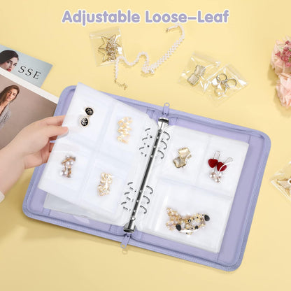 Jewelry Travel Organizer Case, PU Leather Portable Jewelry Storage Book with Transparent Pockets Zipper Bag for Necklaces, Earrings, Bracelets(48 Grids+48 Thicken PVC Bags), Lilac Purple