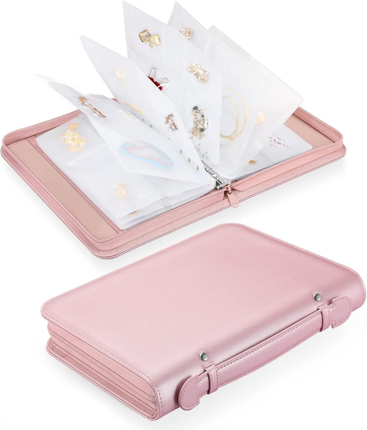 Jewelry Travel Organizer Case, PU Leather Portable Jewelry Storage Book with Transparent Pockets Zipper Bag for Necklaces, Earrings, Bracelets(48 Grids+48 Thicken PVC Bags), Lilac Purple