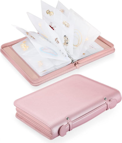 Jewelry Travel Organizer Case, PU Leather Portable Jewelry Storage Book with Transparent Pockets Zipper Bag for Necklaces, Earrings, Bracelets(48 Grids+48 Thicken PVC Bags), Lilac Purple