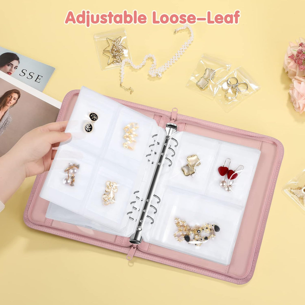 Jewelry Travel Organizer Case, PU Leather Portable Jewelry Storage Book with Transparent Pockets Zipper Bag for Necklaces, Earrings, Bracelets(48 Grids+48 Thicken PVC Bags), Lilac Purple