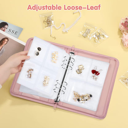 Jewelry Travel Organizer Case, PU Leather Portable Jewelry Storage Book with Transparent Pockets Zipper Bag for Necklaces, Earrings, Bracelets(48 Grids+48 Thicken PVC Bags), Lilac Purple
