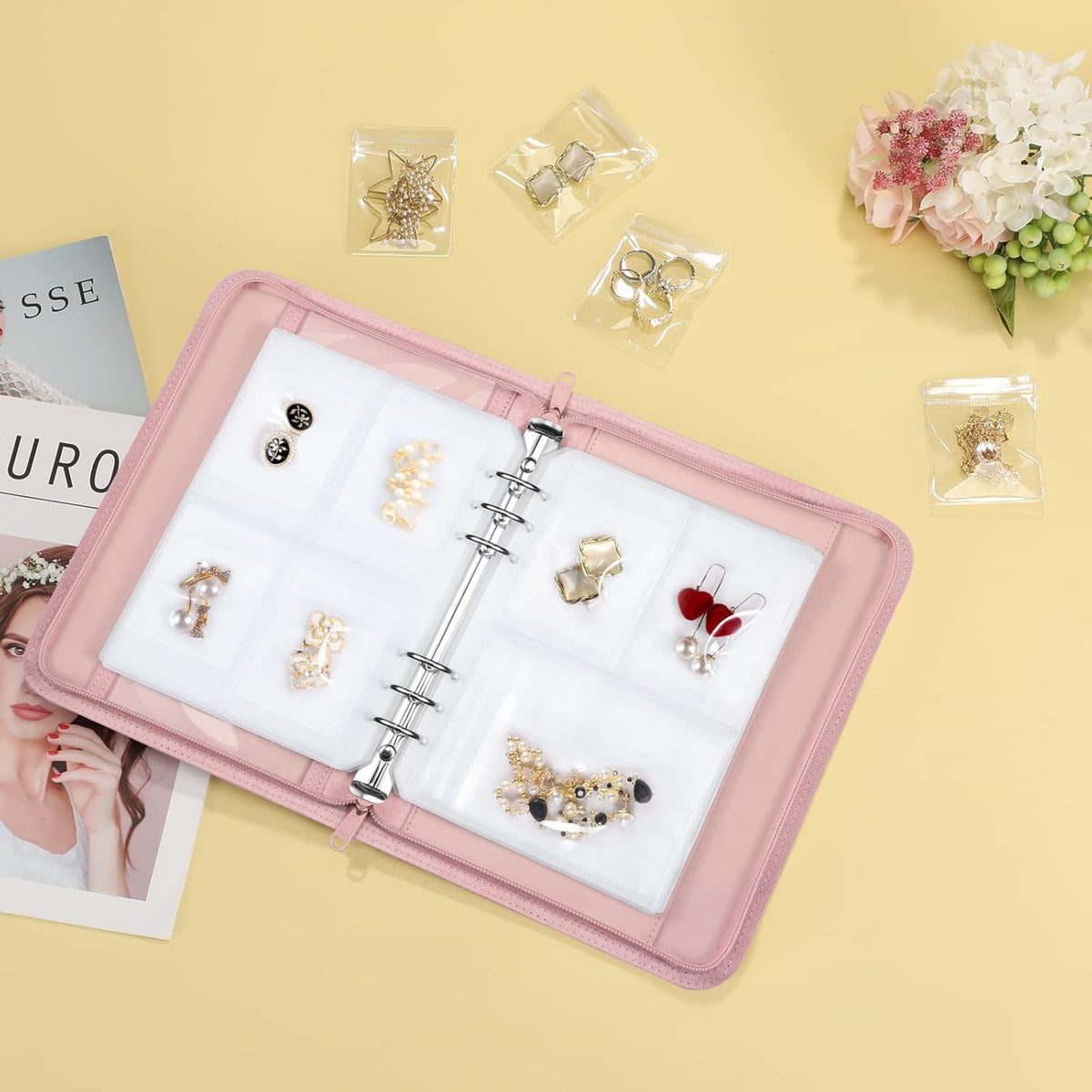 Jewelry Travel Organizer Case, PU Leather Portable Jewelry Storage Book with Transparent Pockets Zipper Bag for Necklaces, Earrings, Bracelets(48 Grids+48 Thicken PVC Bags), Lilac Purple
