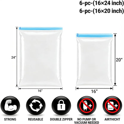 Compression Bags - Travel Essentials - 12 Pack Space Saver Bags for Clothing - No Vacuum Pump Or Air Extractor is Needed - Travel Storage Accessories and Home Packing Organizers (transparent)