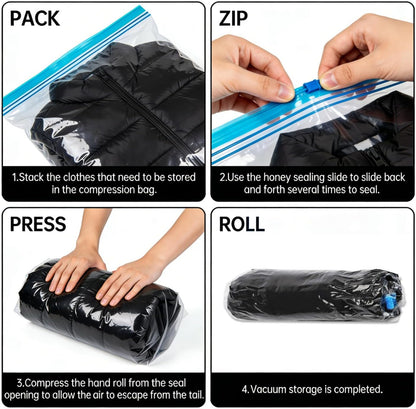 Compression Bags - Travel Essentials - 12 Pack Space Saver Bags for Clothing - No Vacuum Pump Or Air Extractor is Needed - Travel Storage Accessories and Home Packing Organizers (transparent)