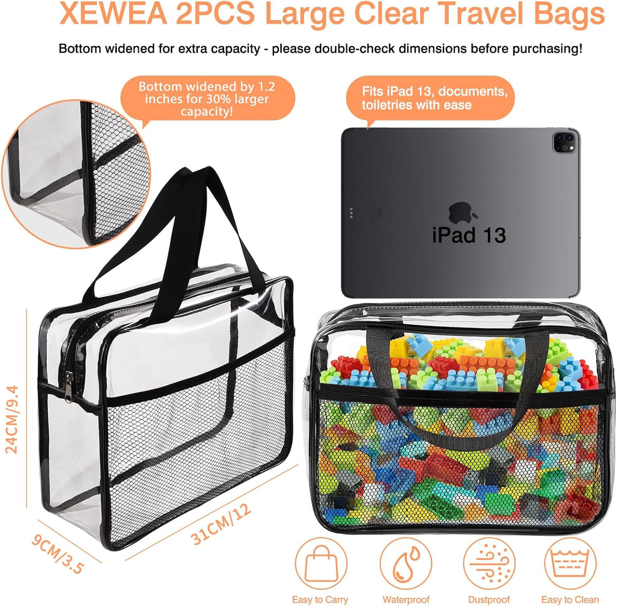 Large Small Clear Travel Toiletry Bags with Handles & Pocket for Men Women, 3PCS TSA Approved Transparent Makeup Bag,Waterproof PVC Quart Organizer with Zipper for Toiletries Airline Essentials