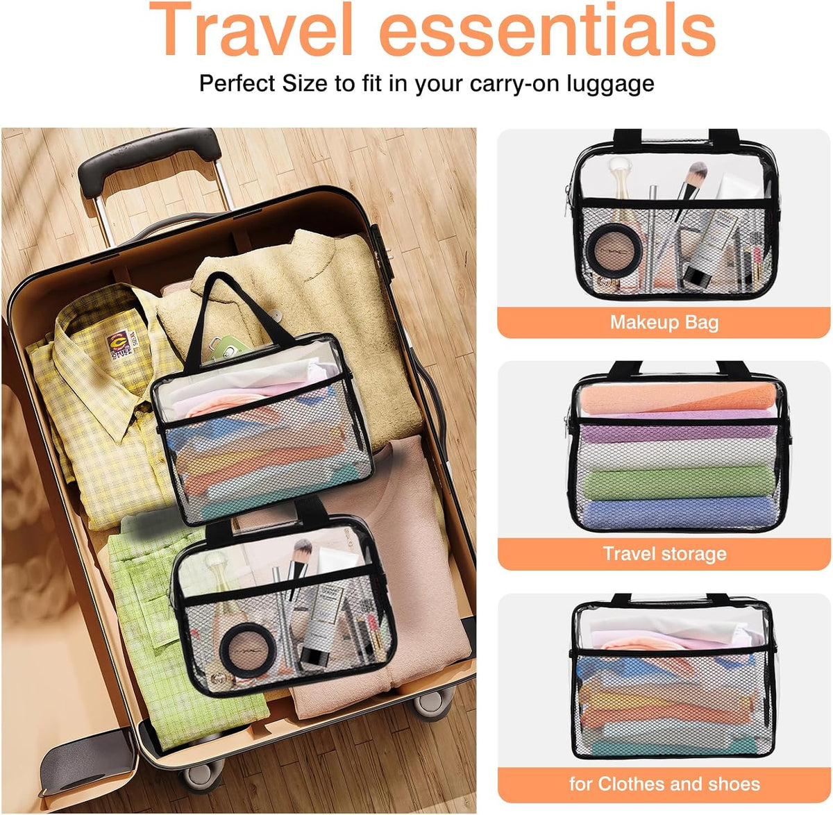 Large Small Clear Travel Toiletry Bags with Handles & Pocket for Men Women, 3PCS TSA Approved Transparent Makeup Bag,Waterproof PVC Quart Organizer with Zipper for Toiletries Airline Essentials