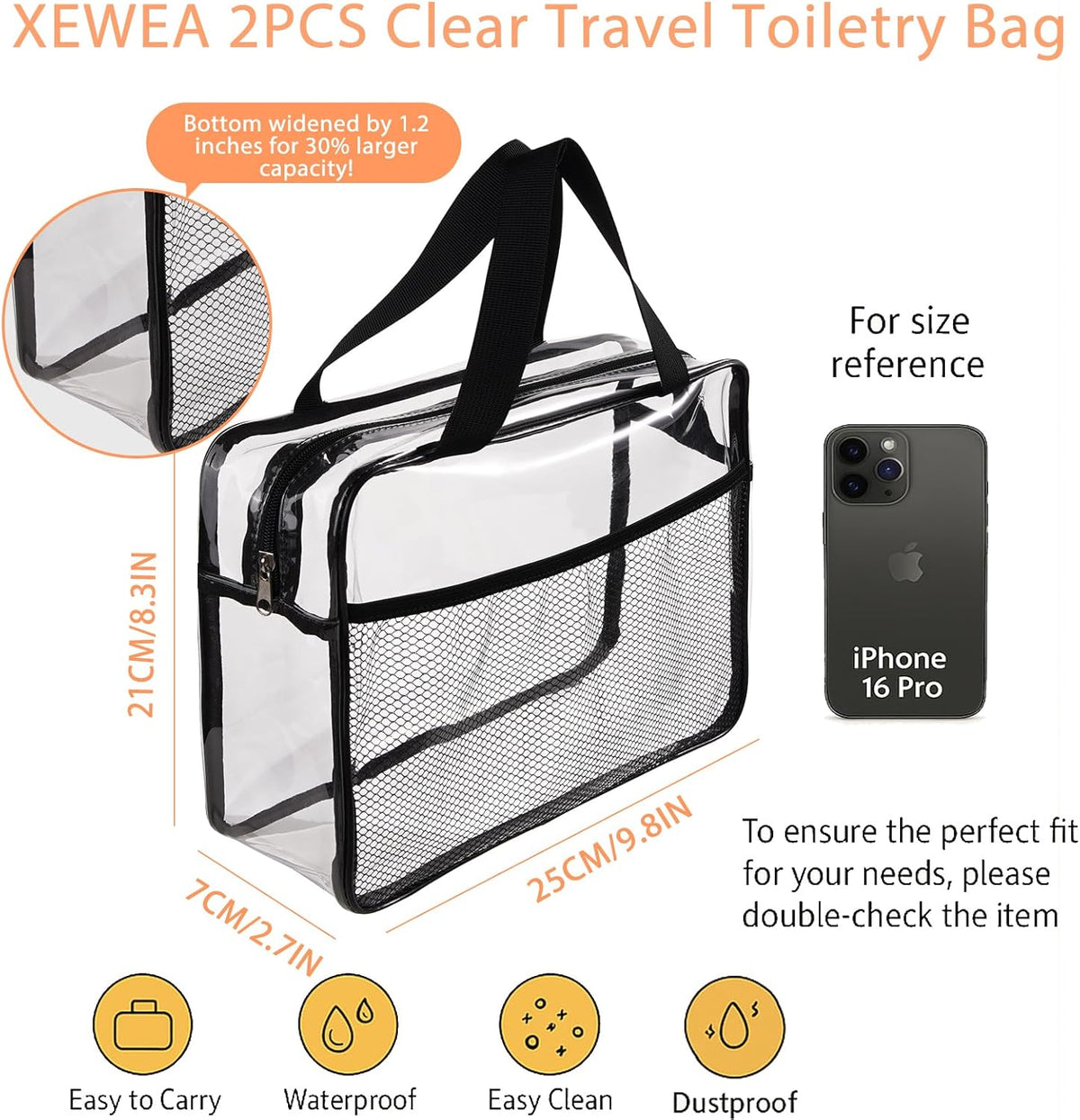 Large Small Clear Travel Toiletry Bags with Handles & Pocket for Men Women, 3PCS TSA Approved Transparent Makeup Bag,Waterproof PVC Quart Organizer with Zipper for Toiletries Airline Essentials