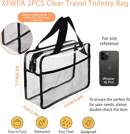 Large Small Clear Travel Toiletry Bags with Handles & Pocket for Men Women, 3PCS TSA Approved Transparent Makeup Bag,Waterproof PVC Quart Organizer with Zipper for Toiletries Airline Essentials