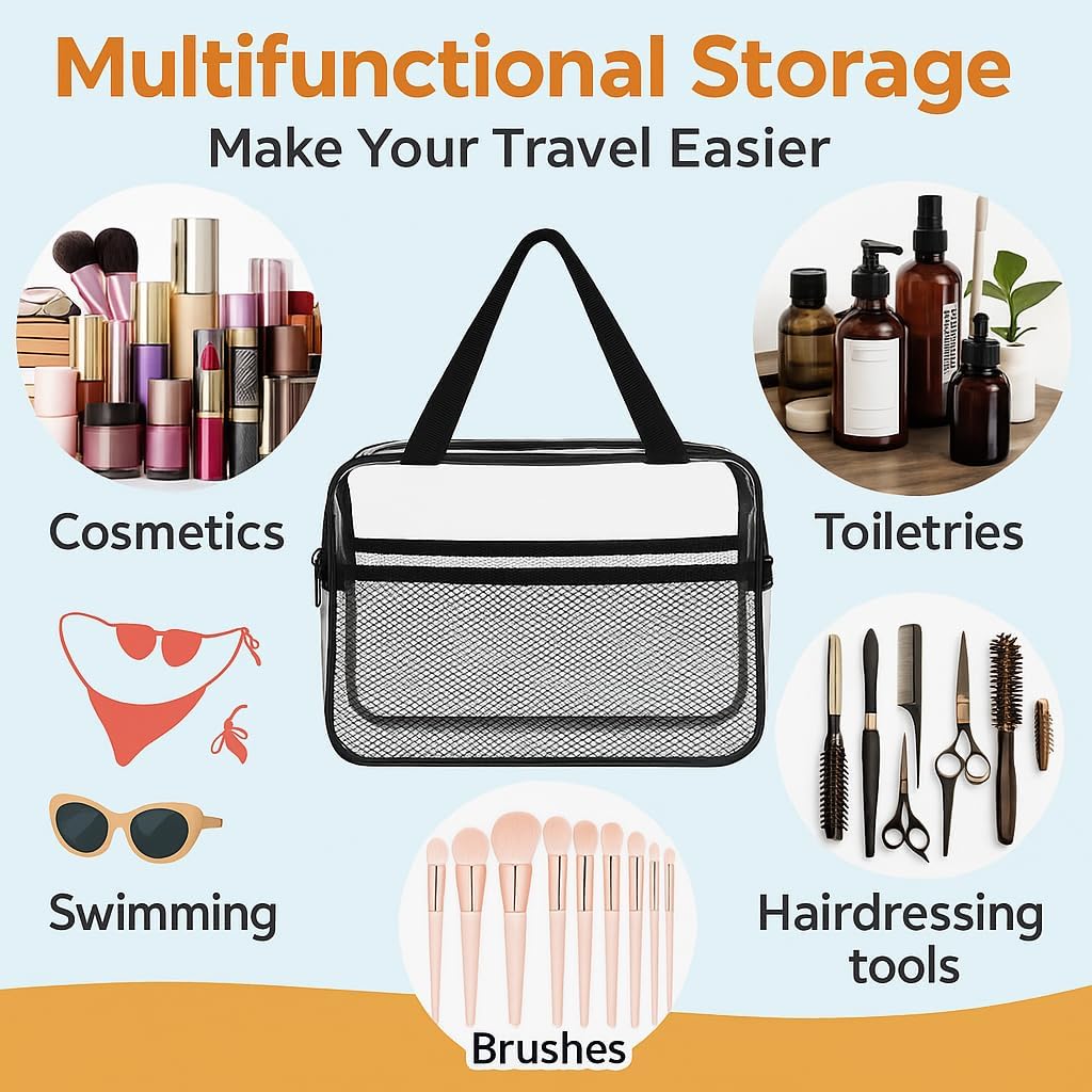 Large Small Clear Travel Toiletry Bags with Handles & Pocket for Men Women, 3PCS TSA Approved Transparent Makeup Bag,Waterproof PVC Quart Organizer with Zipper for Toiletries Airline Essentials