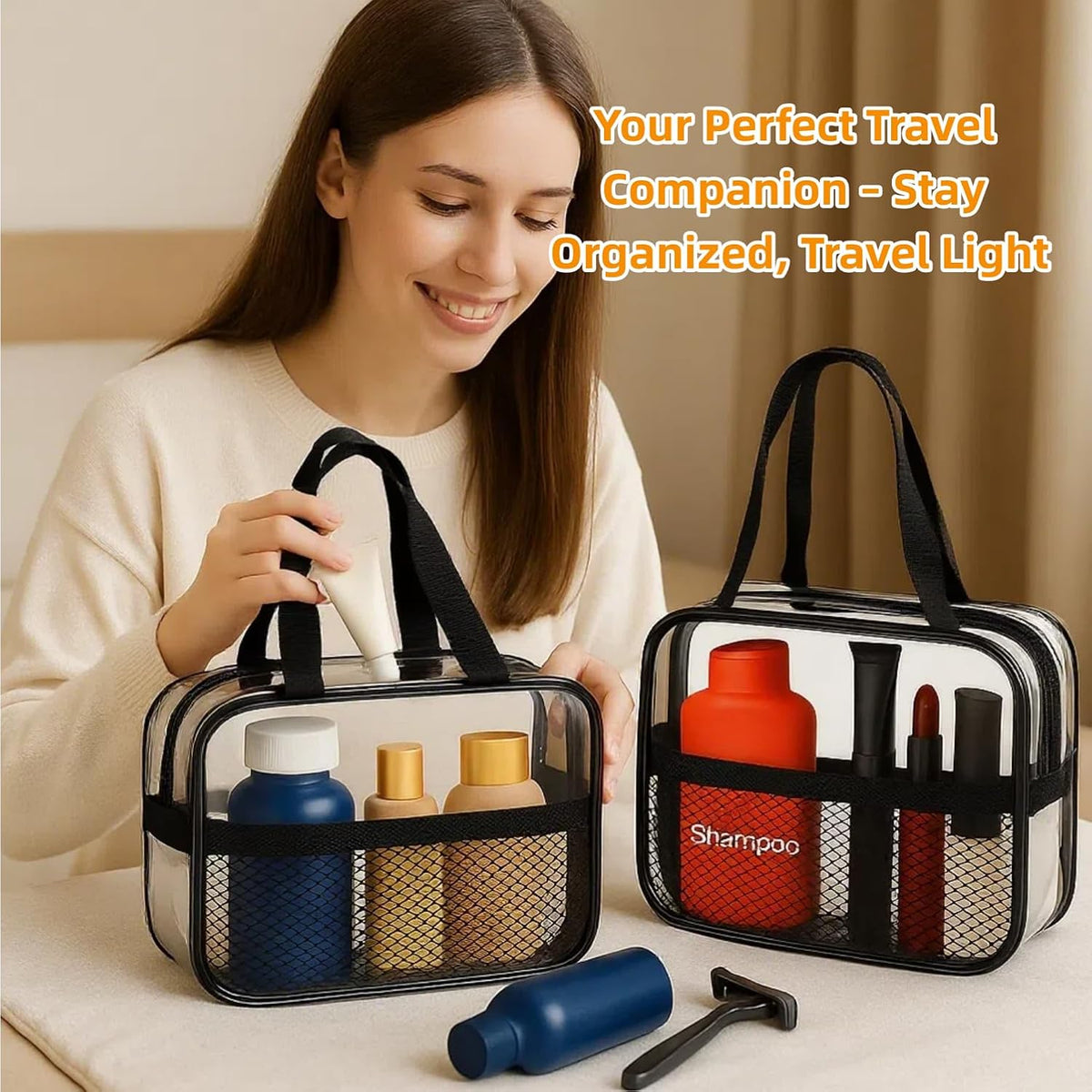 Large Small Clear Travel Toiletry Bags with Handles & Pocket for Men Women, 3PCS TSA Approved Transparent Makeup Bag,Waterproof PVC Quart Organizer with Zipper for Toiletries Airline Essentials