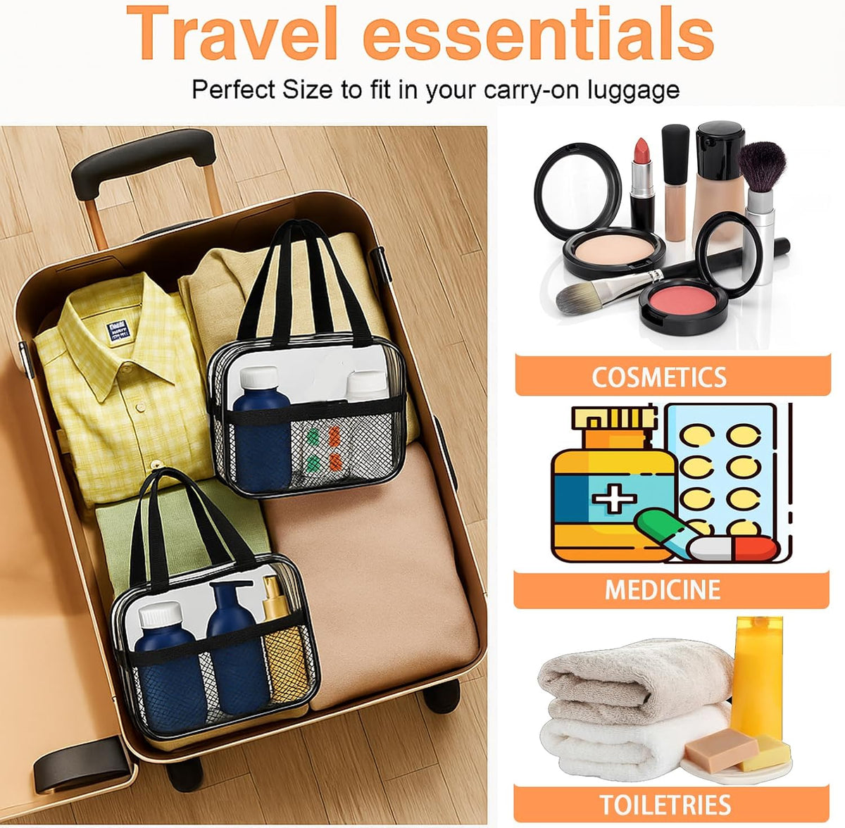 Large Small Clear Travel Toiletry Bags with Handles & Pocket for Men Women, 3PCS TSA Approved Transparent Makeup Bag,Waterproof PVC Quart Organizer with Zipper for Toiletries Airline Essentials