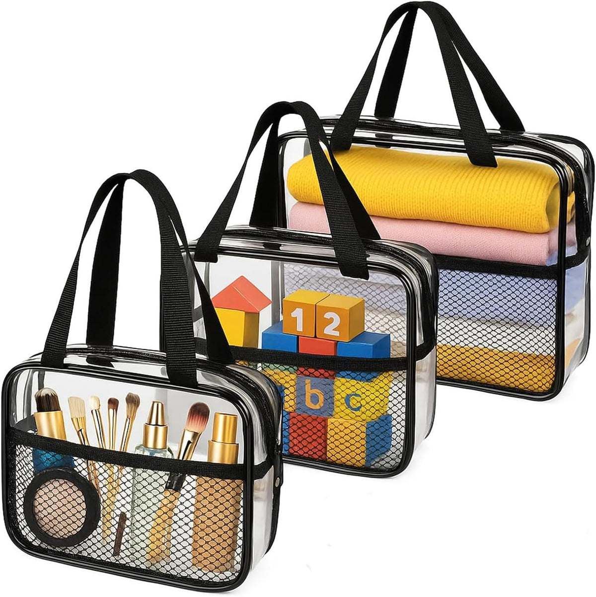 Large Small Clear Travel Toiletry Bags with Handles & Pocket for Men Women, 3PCS TSA Approved Transparent Makeup Bag,Waterproof PVC Quart Organizer with Zipper for Toiletries Airline Essentials