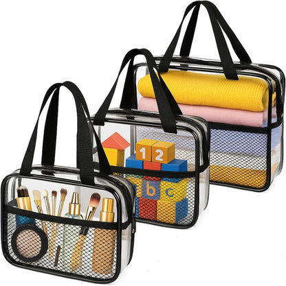 Large Small Clear Travel Toiletry Bags with Handles & Pocket for Men Women, 3PCS TSA Approved Transparent Makeup Bag,Waterproof PVC Quart Organizer with Zipper for Toiletries Airline Essentials