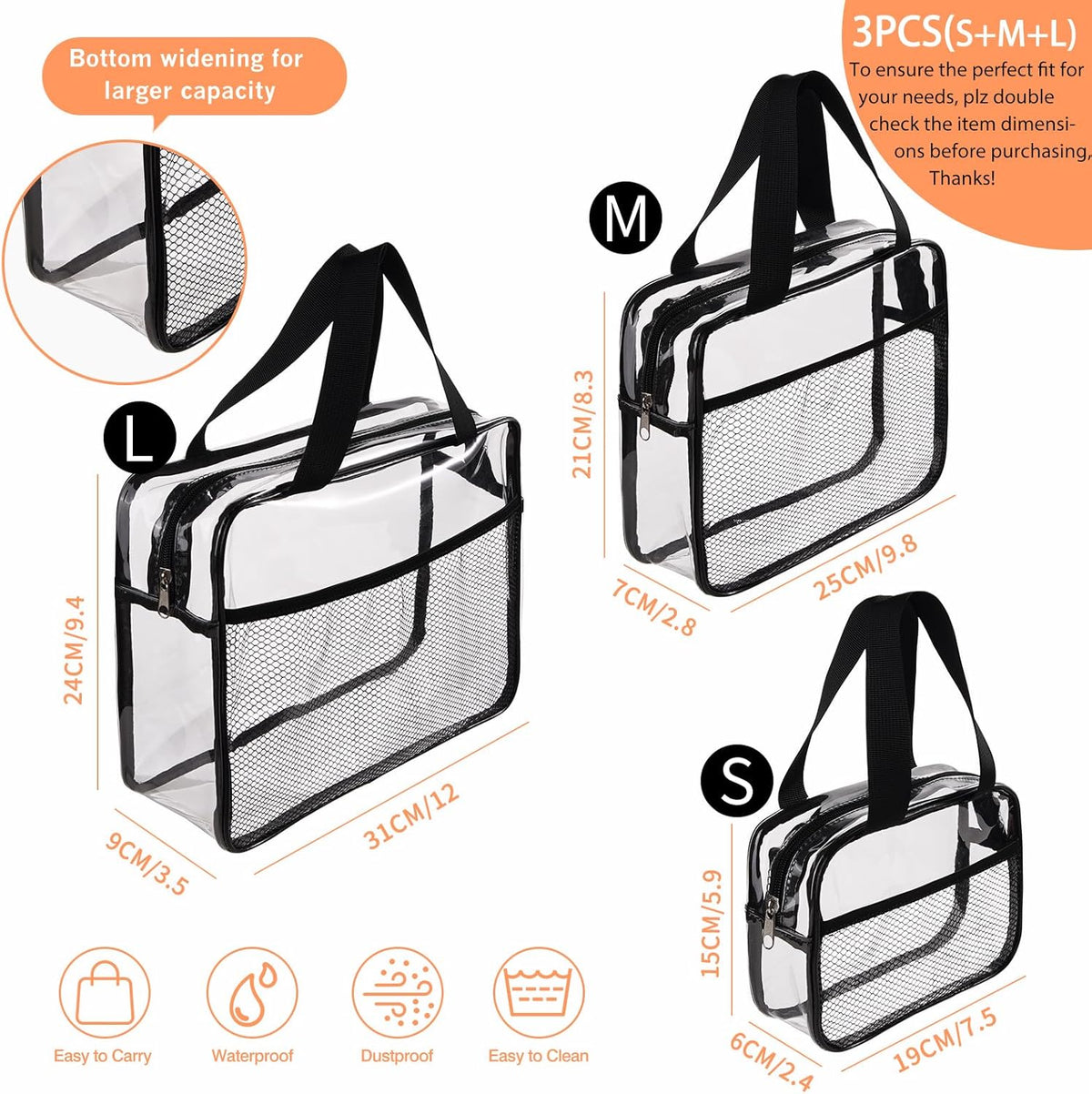 Large Small Clear Travel Toiletry Bags with Handles & Pocket for Men Women, 3PCS TSA Approved Transparent Makeup Bag,Waterproof PVC Quart Organizer with Zipper for Toiletries Airline Essentials