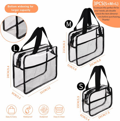 Large Small Clear Travel Toiletry Bags with Handles & Pocket for Men Women, 3PCS TSA Approved Transparent Makeup Bag,Waterproof PVC Quart Organizer with Zipper for Toiletries Airline Essentials