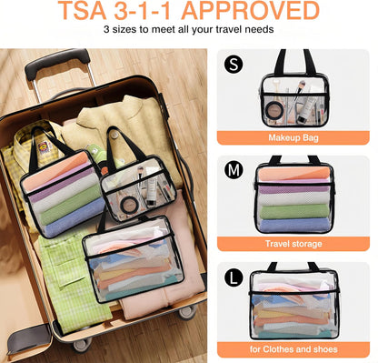 Large Small Clear Travel Toiletry Bags with Handles & Pocket for Men Women, 3PCS TSA Approved Transparent Makeup Bag,Waterproof PVC Quart Organizer with Zipper for Toiletries Airline Essentials