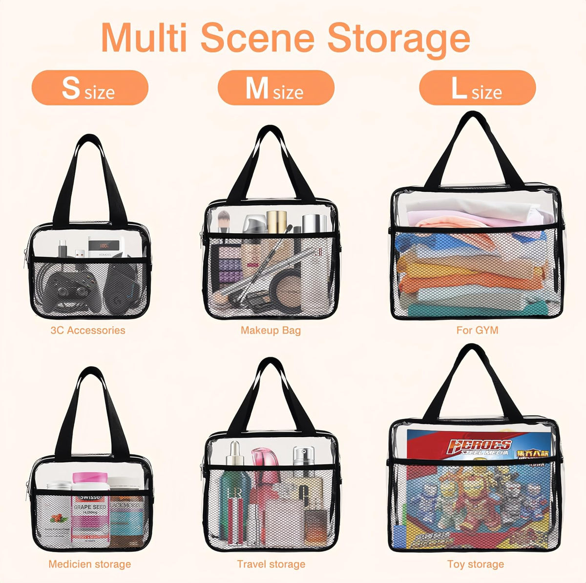 Large Small Clear Travel Toiletry Bags with Handles & Pocket for Men Women, 3PCS TSA Approved Transparent Makeup Bag,Waterproof PVC Quart Organizer with Zipper for Toiletries Airline Essentials