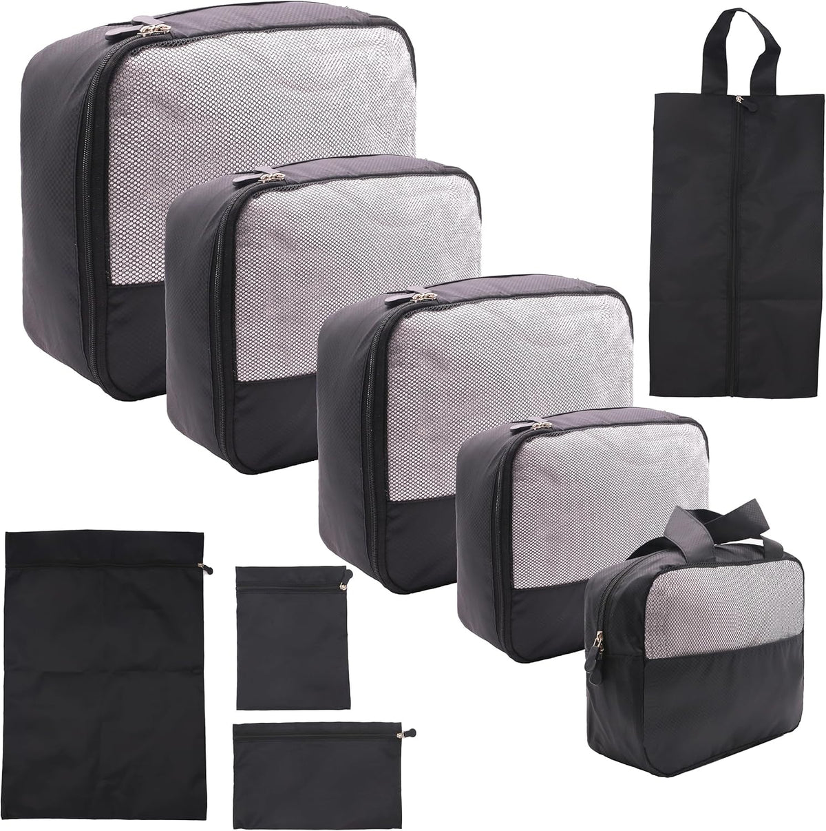 9-Piece Black Travel Organizer Set with 4 Packing Cubes, Cosmetic Organizer, Shoe & Electronics Pouches, and Accessories & Laundry Bag for Luggage Storage & Travel Essentials