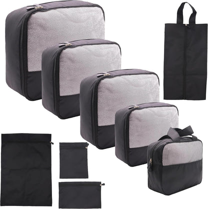 9-Piece Black Travel Organizer Set with 4 Packing Cubes, Cosmetic Organizer, Shoe & Electronics Pouches, and Accessories & Laundry Bag for Luggage Storage & Travel Essentials