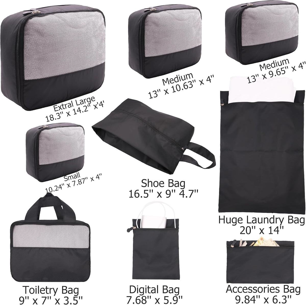 9-Piece Black Travel Organizer Set with 4 Packing Cubes, Cosmetic Organizer, Shoe & Electronics Pouches, and Accessories & Laundry Bag for Luggage Storage & Travel Essentials