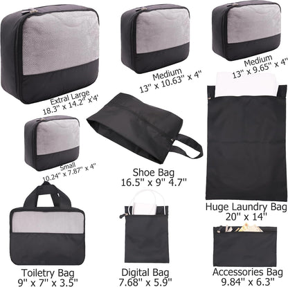 9-Piece Black Travel Organizer Set with 4 Packing Cubes, Cosmetic Organizer, Shoe & Electronics Pouches, and Accessories & Laundry Bag for Luggage Storage & Travel Essentials