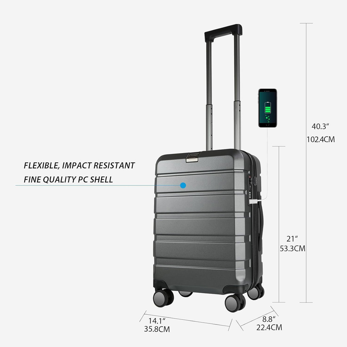 Hardside Expandable Carry On Luggage with Spinner Wheels & Built-in TSA Lock, Durable Suitcase Rolling Luggage with USB Port, Carry-On 20-Inch, White