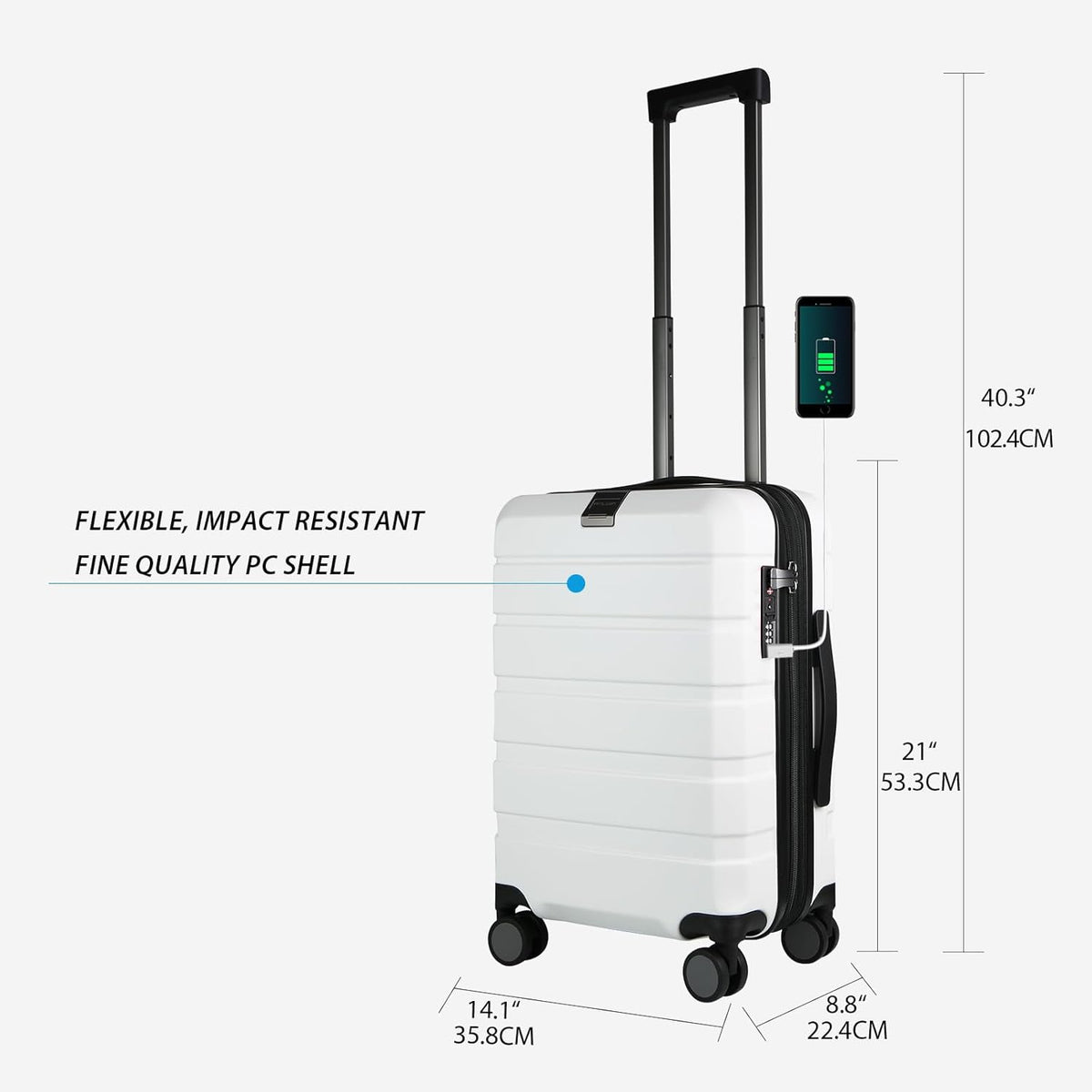Hardside Expandable Carry On Luggage with Spinner Wheels & Built-in TSA Lock, Durable Suitcase Rolling Luggage with USB Port, Carry-On 20-Inch, White