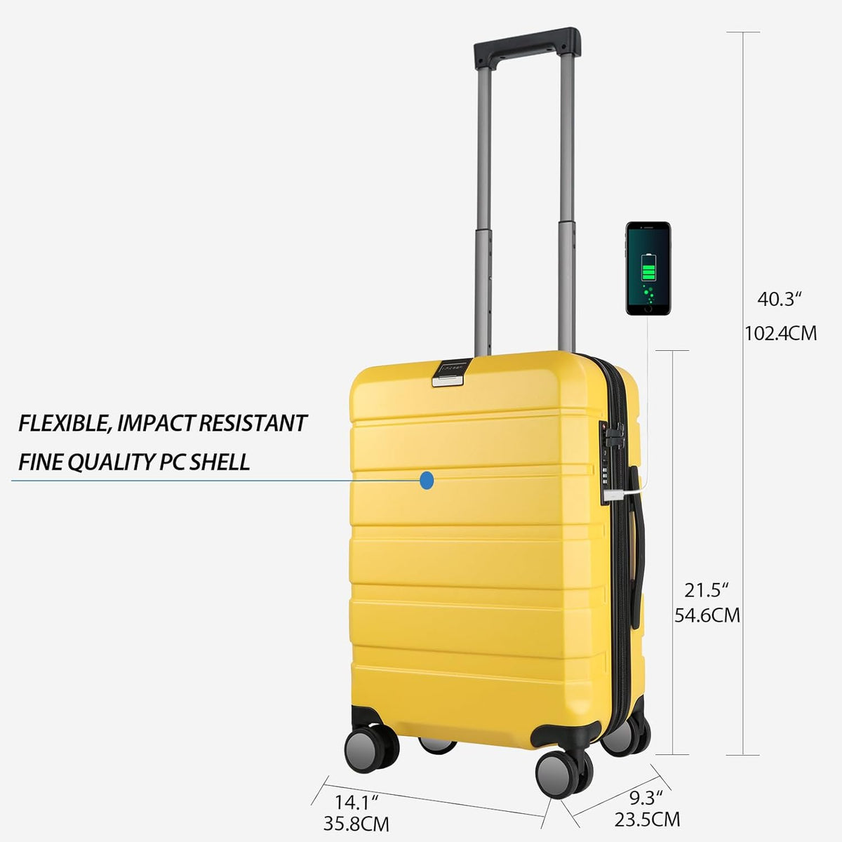 Hardside Expandable Carry On Luggage with Spinner Wheels & Built-in TSA Lock, Durable Suitcase Rolling Luggage with USB Port, Carry-On 20-Inch, White
