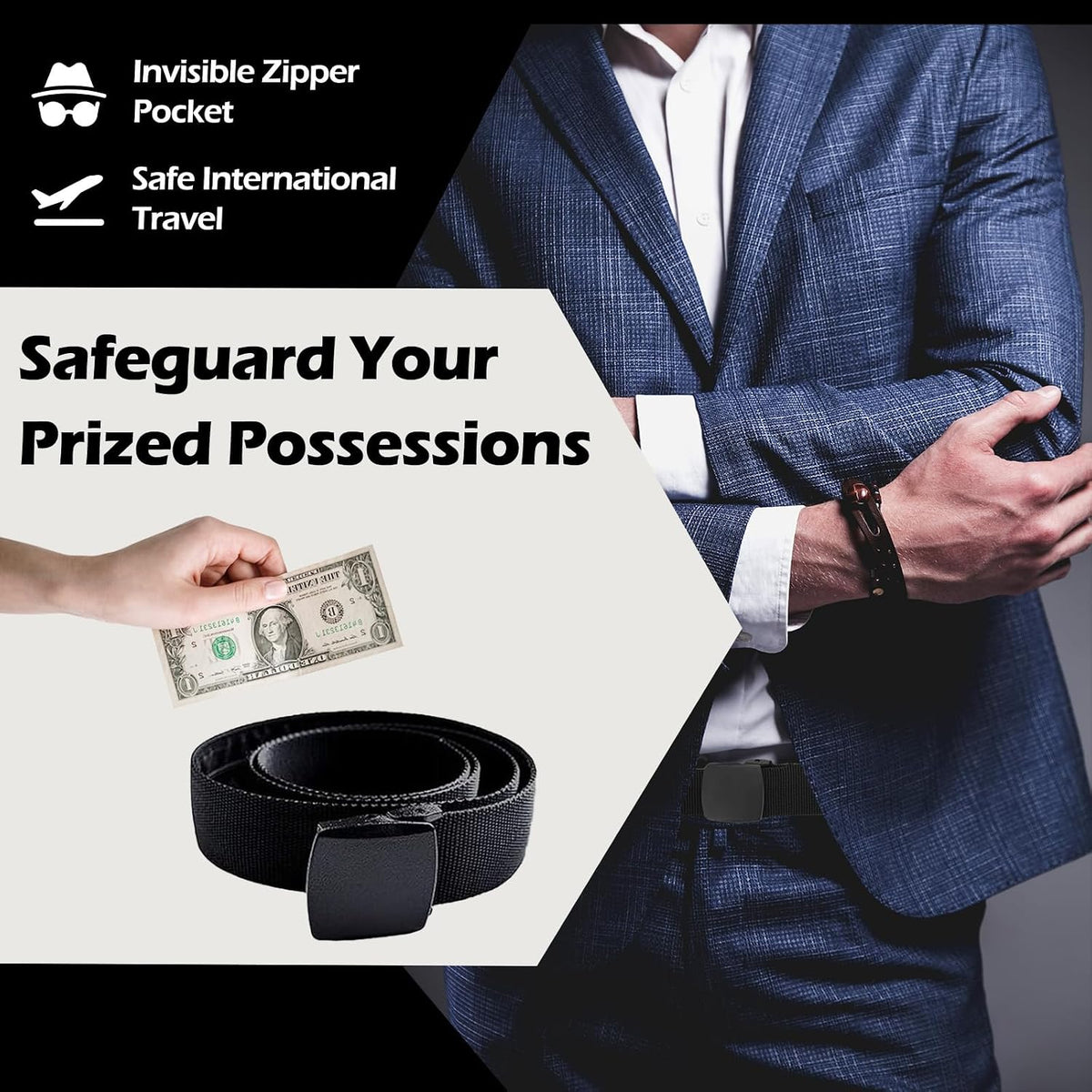 Travel Security Belt - Money Belt for Men Travel Security Belt with Hidden Money Compartment Pocket with Hidden Pocket Cashsafe Anti-Theft Wallet Non-Metal Buckle, Nylon Military Tactical