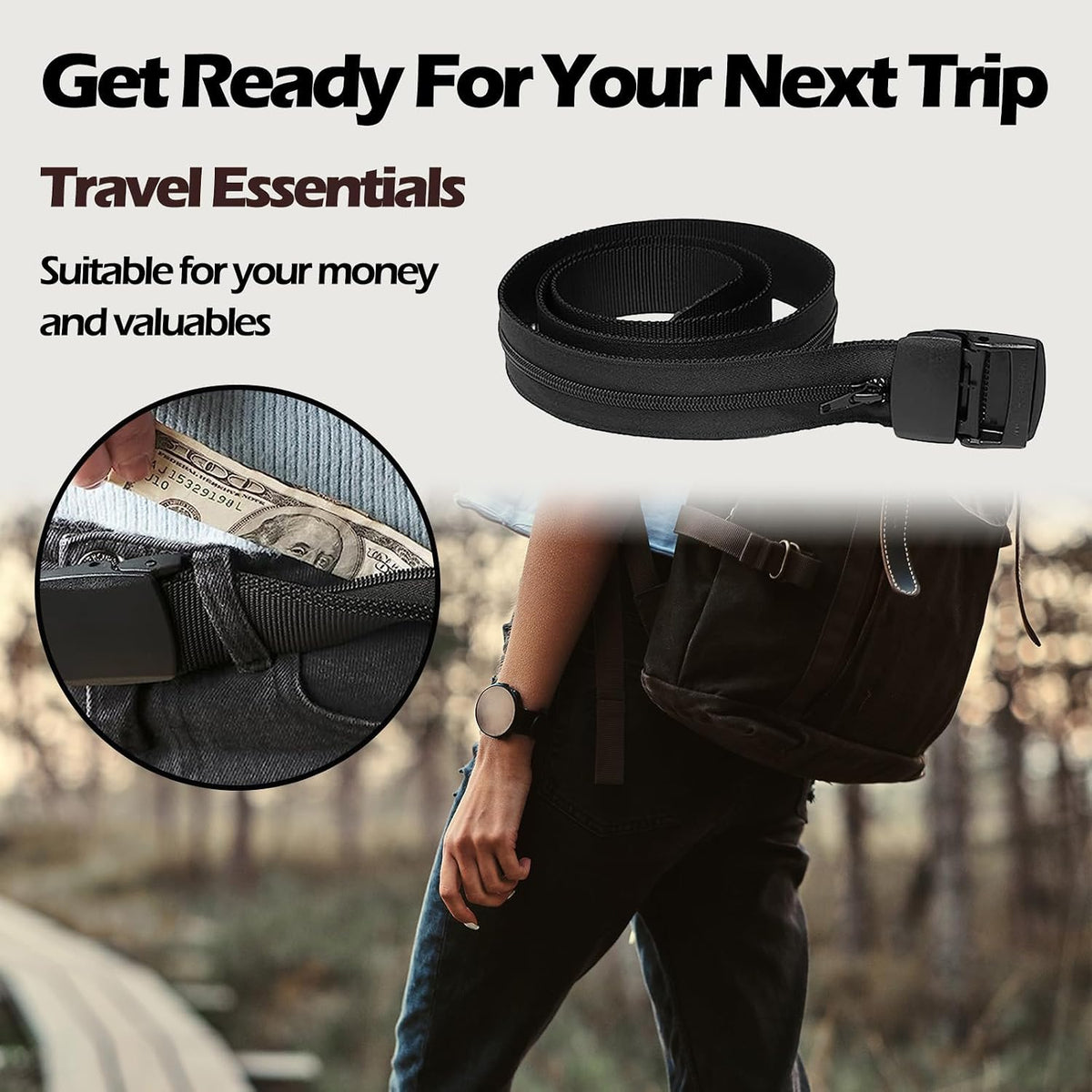 Travel Security Belt - Money Belt for Men Travel Security Belt with Hidden Money Compartment Pocket with Hidden Pocket Cashsafe Anti-Theft Wallet Non-Metal Buckle, Nylon Military Tactical