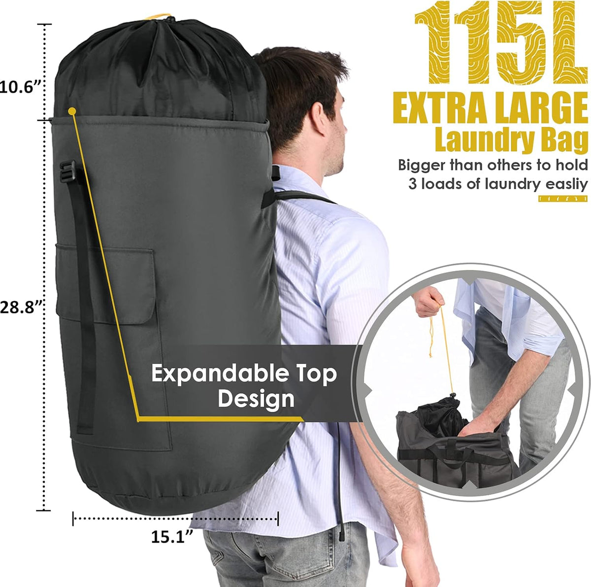 Backpack Laundry Bag, 115L Heavy Duty Extra Large College Laundry Backpack, Dirty Clothes Bag with Shoulder Straps, Laundry Hamper Bag with Drawstring Closure for College Dorm, Apartment Charcoal grey