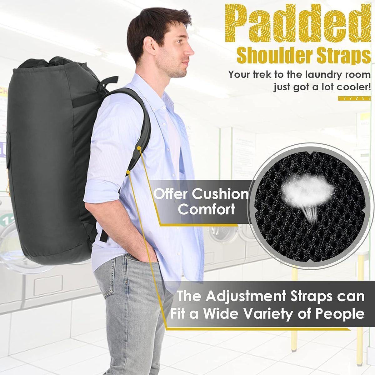 Backpack Laundry Bag, 115L Heavy Duty Extra Large College Laundry Backpack, Dirty Clothes Bag with Shoulder Straps, Laundry Hamper Bag with Drawstring Closure for College Dorm, Apartment Charcoal grey