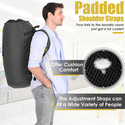 Backpack Laundry Bag, 115L Heavy Duty Extra Large College Laundry Backpack, Dirty Clothes Bag with Shoulder Straps, Laundry Hamper Bag with Drawstring Closure for College Dorm, Apartment Charcoal grey