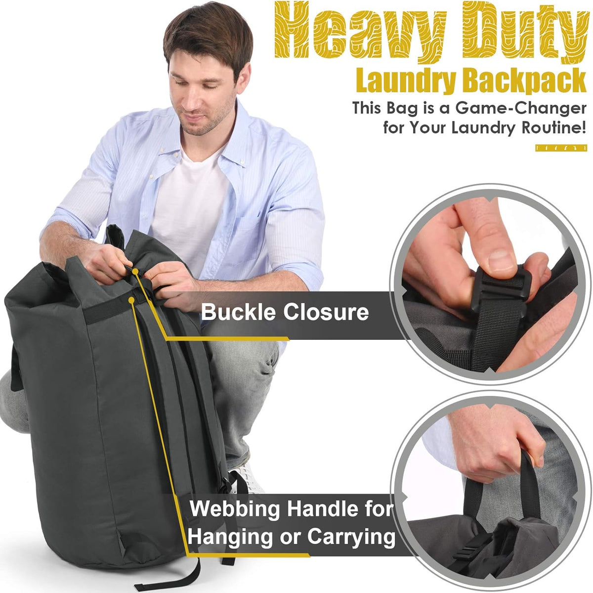Backpack Laundry Bag, 115L Heavy Duty Extra Large College Laundry Backpack, Dirty Clothes Bag with Shoulder Straps, Laundry Hamper Bag with Drawstring Closure for College Dorm, Apartment Charcoal grey