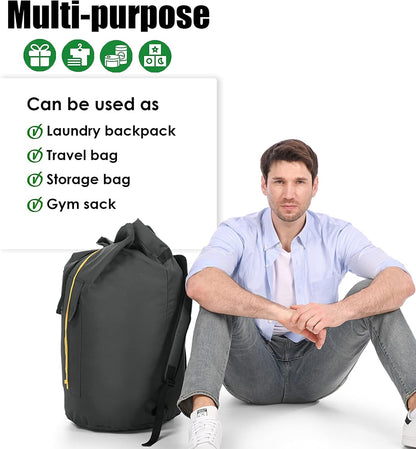 Backpack Laundry Bag, 115L Heavy Duty Extra Large College Laundry Backpack, Dirty Clothes Bag with Shoulder Straps, Laundry Hamper Bag with Drawstring Closure for College Dorm, Apartment Charcoal grey