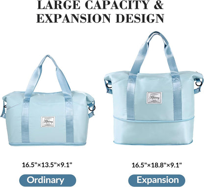 Travel Duffel Bag - Large Shoulder Weekender Overnight Bag, Carry on Bags with Wet Pocket, Waterproof Expandable Duffel Bags with Trolley Sleeve, Sports Tote Gym for Women, Peacock blue
