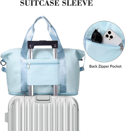 Travel Duffel Bag - Large Shoulder Weekender Overnight Bag, Carry on Bags with Wet Pocket, Waterproof Expandable Duffel Bags with Trolley Sleeve, Sports Tote Gym for Women, Peacock blue